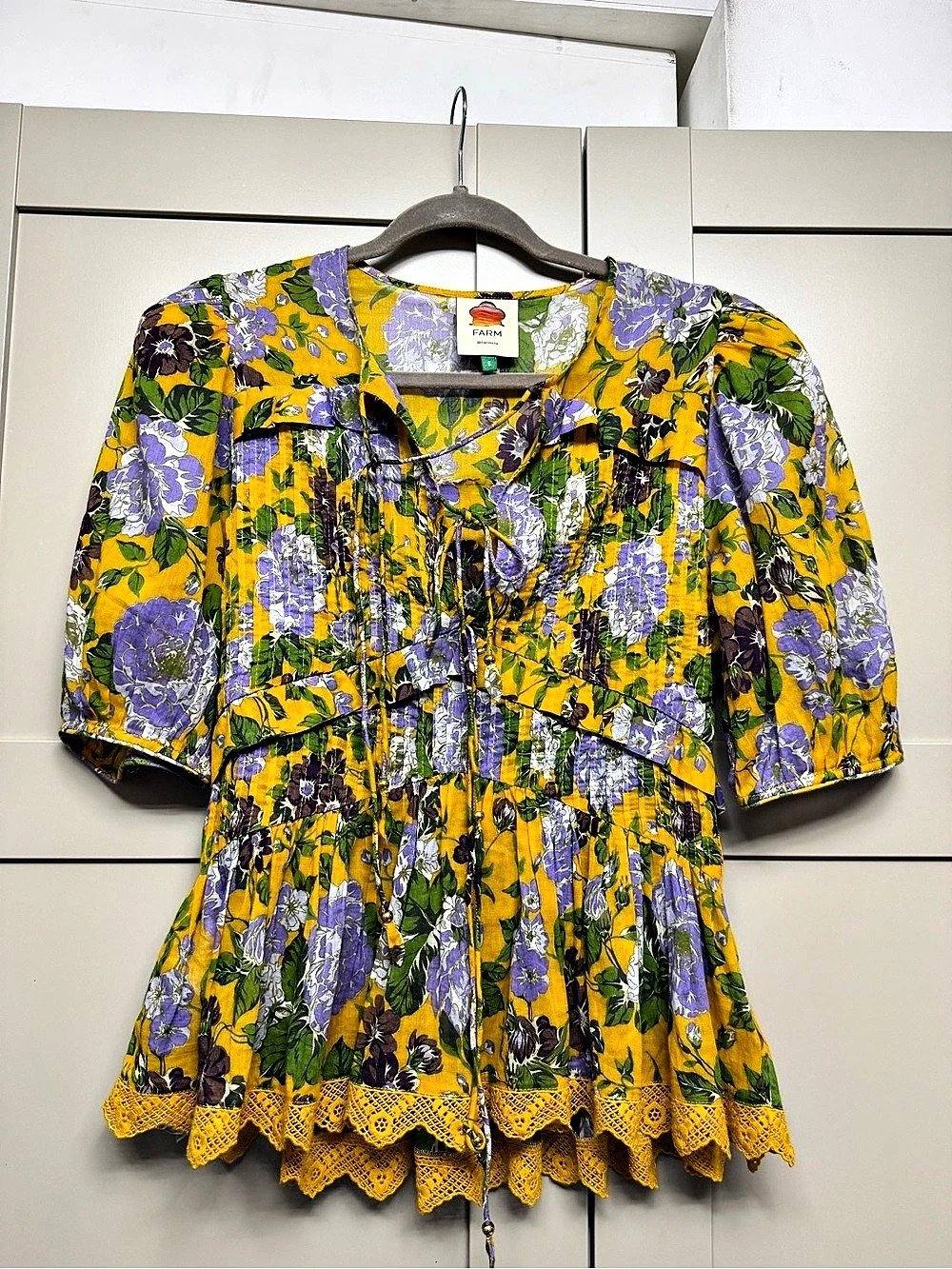 Farm Rio Floral Tie-Front Blouse in Yellow & Purple Size Small